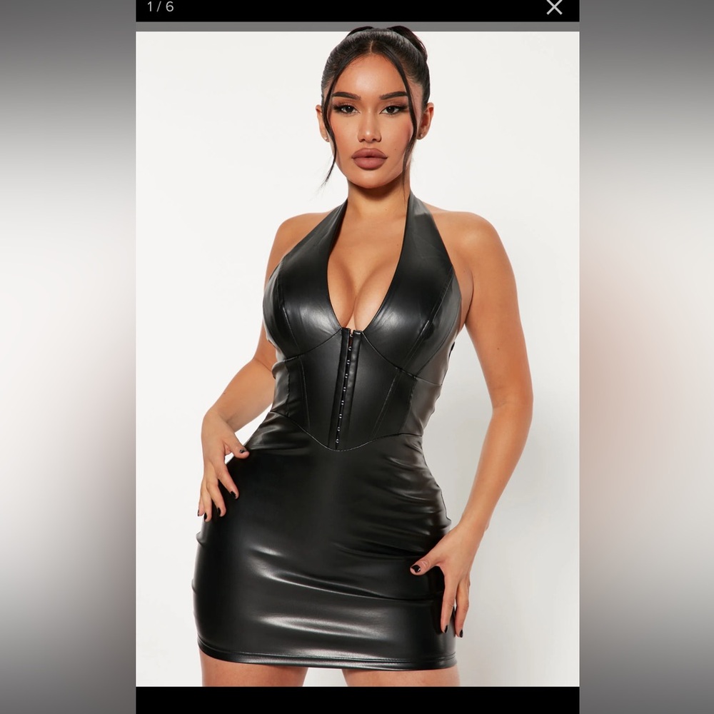 Black Leather Corset Halter Mini Dress